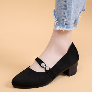 Old Beijing Cloth Shoes Womens Chunky Heel Black Bows Work Shoes Work Clothing Breathable Shoes round Toe Mid Heel Suede Womens Shoes