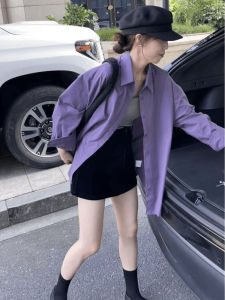 เสื้อเชิ้ตแขนยาวทรงหลวมสไตล์เกาหลีสำหรับผู้หญิง สีม่วง ทรงหลวม คอลเลกชั่นฤดูใบไม้ร่วง 2025 เสื้อเชิ้ตผู้หญิงคอกลมแขนยาวทรงหลวม