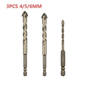 3Pcs Four Edged Eccentric Tile Drill Bits Hex Shank 4/5/6mm Dry Drill Bit for Ceramic Tile Glass Marble Brick Wood Aluminum