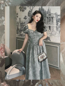 Retro Heart Collar A-Line Dress Slimming Waist Embroidery Girls Dress Grey Vintage Style Short Sleeve Long Dress for Summer