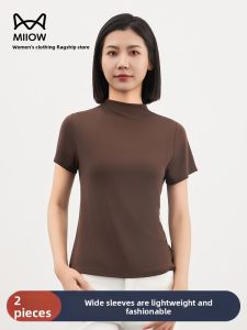 MiiOW | Slim Fit Short Sleeve T-Shirt Womens Half High Collar Summer New Fashion Versatile Thin Base Shirt Cat Person Daily Style Pure Color