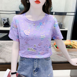 Áo Thun Cổ Tròn in Họa Tiết Mùa Hè Rộng Rãi Đa Năng Cho Nữ Thiết Kế Mới 2025 Thời Trang Trẻ Trung Giảm Tuổi