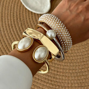 Spring Open Clasp Imitation Pearl Bracelet Womens Fashion Jewelry Flat Cut Surface Small Batch round Bead Micro Paved
