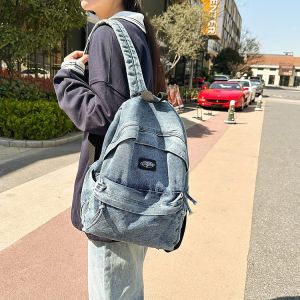 Korean Style Retro Lazy Fashion Ladies Large Capacity Denim Backpack for Students Mens Backpack Trendy Dual-Shoulder Bag