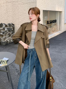 Khaki Green Oversized Lapel Coat Autumn New Style Retro British Style Womens Long Jacket Fashionable Commute Polyester Fiber
