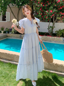 Blue French Romantic Fairy Tale Dress Womens Summer New High Waist Beautiful Long Skirt A-Line Silhouette Casual Commute Style