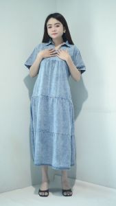 NEW MIDI DRES KRAH SHANGHAI LENGAN PENDEK JEANS MIDI DRES POLOS
