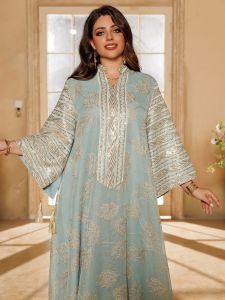 Muslim Womens Light Blue Islamic Embroidered Abaya with Gold Detailing Ideal for Formal Events in Middle East like UAE Saudi
