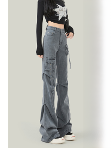 กางเกงยีนส์ทรงหลวมเอวสูงทรงเข้ารูปสำหรับผู้หญิง กางเกงขายาวทรงขาบานสไตล์อเมริกัน สีเทา ทรงหลวม ฤดูใบไม้ร่วง 2023