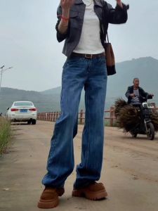 Low Waist Wide Leg Blue Denim Jeans Womens Retro Straight Cut Ankle Length Pants Back Pocket Design Autumn Fashion Ladies