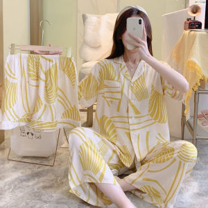 Summer Cotton Silk Sleepwear Womens Thin Short Sleeve Long Pants Three-piece Set Artificial Cotton Silk Home Clothes