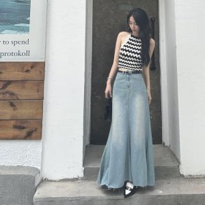 S-6XL Rok Denim Fishtail Wanita Rok Panjang A-line Celana Pinggang Tinggi Retro Longgar