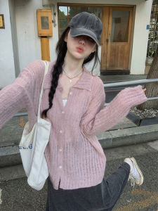CHOEFULYN | Áo Sweater Knit Cổ Polo Màu Hồng Dễ Thương Tay Dài