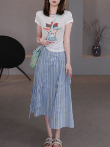 Shalldoer | Bộ đồ hai mảnh mùa hè cho nữ in họa tiết tay ngắn không đều váy nửa thân thời trang thường ngày phong cách ngọt ngào