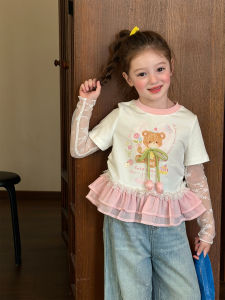 ZHILIAOCHENGZHANGJI | Lace Teddy Bear Printed Girls T-Shirt