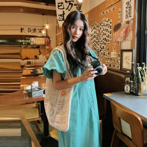 Summer Blue Green Dress Womens French Lazy Style V-neck Bubble Sleeve Beautifully Tied Long Dress Loose Waist Cotton Linen