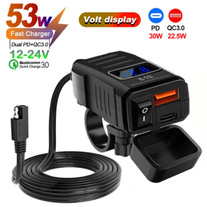 Motorcycle USB Charger PD QC3.0 Fast Charging 60W 12-24V with Switch Voltmeter Waterproof for Car Motorcycle ATV UTV Boat RV