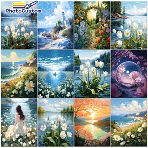 PhotoCustom-Painting by Number Flower Landscape DIY Kits Canvas Diy Frame Oil Picture Drawing Coloring Acrylic Paint Gift