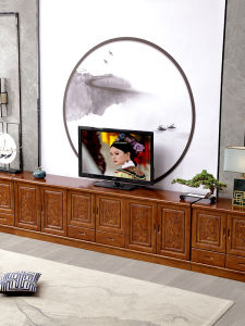 Carved Wooden TV Cabinet Chinese Style Large High Rural Home Use Six Drawers Movable Entertainment Center Floor Stand