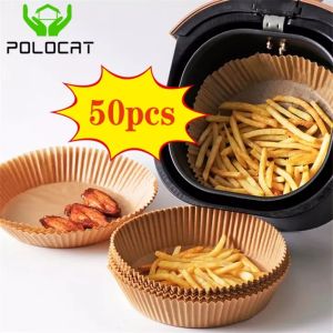 Polocat 50 Pieces Air Fryer Parchment Paper Liners Non-Stick Disposable Paper Tray Dish BBQ Food Oven Round Kitchen Baking Paper
