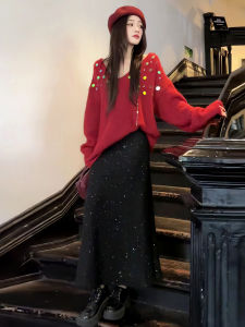 Christmas Theme Glittery Loose Womens Sweater And Slim Fit Mini Skirt Two Piece Set Casual Style Mid-Length Fashion Ensemble
