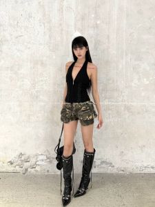 Roy11 Camouflage Workwear Super Short Shorts Womens Spicy High Waist Denim Hot Pants with Pockets Street Style Summer Casual Pants