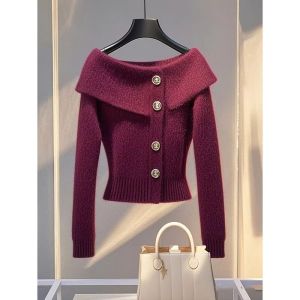 Gocha Womens Knitted Woolen Cardigan Autumn Winter New Year Red Celebration Sweater Slim Fit Style Long Sleeve Button up Coat