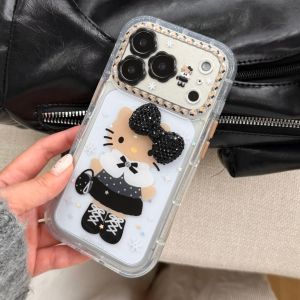 Sanrio | INS Korea 3D Glitter Bow Black Skin Hello Kitty Phone Case For iphone 17 16 15 14 13 Pro Max 17 Pro Lens Protection Cover