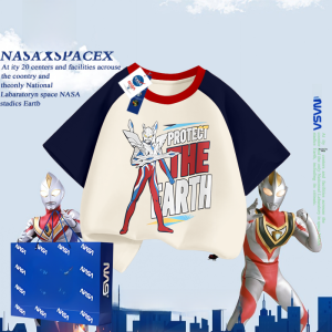 NASA Collaborative Ultraman Childrens Short Sleeve T-Shirt Pure Cotton Summer Fashionable round Neck Print Splice Color Shirt