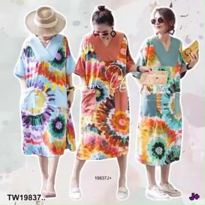 TW19837 เดรสยาว คอวี แขน3ส่วน ..