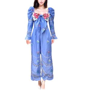 P007-121 PIMNADACLOSET - Long Puffed Sleeve SweetHeart Neck Tie Waist Smocked Back Embroidery Loose Long Wide Leg Jumpsuite