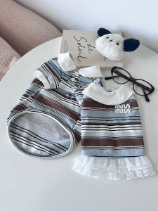 Bag Cat Spring Polo Stripe Pure Cotton Miu Style Pet Base T-Shirt Skirt Yorkie Bichon Dog Clothes Casual Couple Outfits