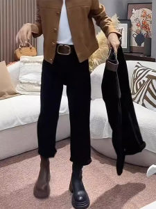 High Waist Elastic Black Jeans Womens plus Size Vintage Style Fleece Lined Thick Wide Leg Pants Winter Season Ladies Fashion