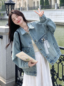 Retro Denim Jacket Womens Short Casual Loose Fit Spring 2025 New Korean Style A-Line Jacket Polo Collar Button Closure
