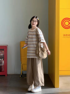 Japanese Style Loose Fit Striped Short Sleeve Sportswear Set for Women Summer Casual Long Pants round Neck Two Piece Suit