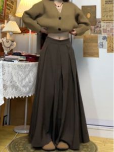 Brown A-Line Midi Skirt for plus Size Women Pear Shape Drapey Slimming Pleated Skirt Korean Style High Waist Composite Fabric