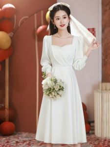 Elegant White Long Sleeve French Style Engagement Dress Lightweight Veil Daily Wear Short Size Dress Evening Gown