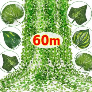 Polocat 60/30M Artificial Green Ivy Leaf Rattan Creeper Leaves Vine Hanging Garland DIY Fake Flowers Plants for Garden Wedding Party Home Decor