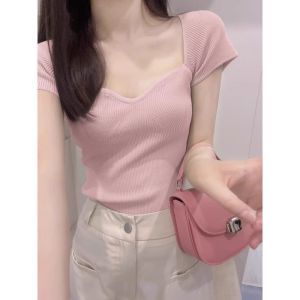 HUOLISI | Stylish Square Neck Short Sleeve Ice Silk Knit Top Pink