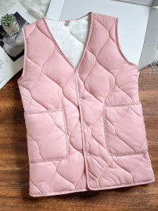 เสื้อกั๊กขนเป็ดคอวีหนาสำหรับผู้หญิง ทรงยาวปานกลาง ฤดูใบไม้ร่วง/ฤดูหนาว เสื้อกั๊กขนเป็ดแบบมีแผ่นกันหนาว ทรงเข้ารูป เสื้อกั๊กแบบมีแผ่นกันหนาว