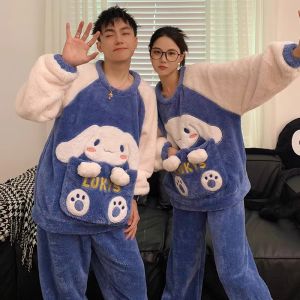 Couples Thickened Coral Fleece Pajamas Winter Home Clothes Mens Long Sleeve round Neck Home Comfortable Sleepwear for Youth