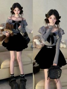 CHANGTONG | Short Petite Fitted Spring Outfit Set Knit Top Velvet Skirt