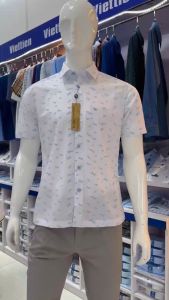 Áo sơ mi cộc tay Việt Tiến trắng họa tiết 6P0044 có size lớn -100% CHÍNH HÃNG