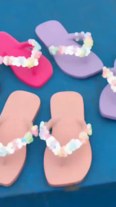 Girl Casual Flip Flops Color Bead Butterfly Decoration Classic Clip Toe Anti Slip Waterproof Wearable Flat Sole Seaside Outdoor Daily Walking Sandals