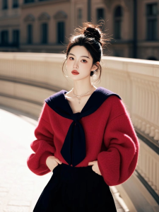 Red Sailor Collar Sweater Fashion Slim Fit Korean Style Winter New Arrival Vintage Design Sense Stylish Discount with Tag Cut