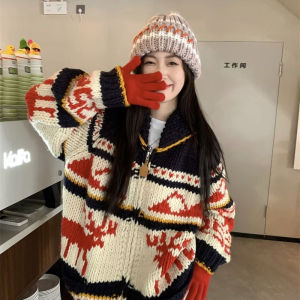 Loose Fit Christmas Deer Sweater Jacket Mens Autumn Lazy Style Soft And Comfortable Knitted Top Long Sleeve Zipper Decoration