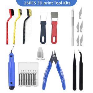 26PCS 3D Print Tool Kit Scrapers Pliers Tweezers Clean Needles Knife Brushes For FDM SLA Resin 3D Printer Hobby Deburring Tools