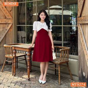 [DUY NHẤT 10-12.10-VOUCHER 40K]Đầm thiết kế phối lưới cổ đính nút dáng xòe BEMINE MT9274