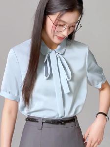 Short Sleeve Blue Bow-Tie blouse