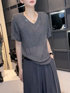 QINGNAER | Loose Lazy Style V-Neck T-Shirt Plus Size Thin